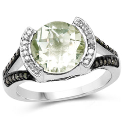 3.59 Carat Genuine Green Amethyst, Green Diamond & White Diamond .925 Sterling Silver Ring