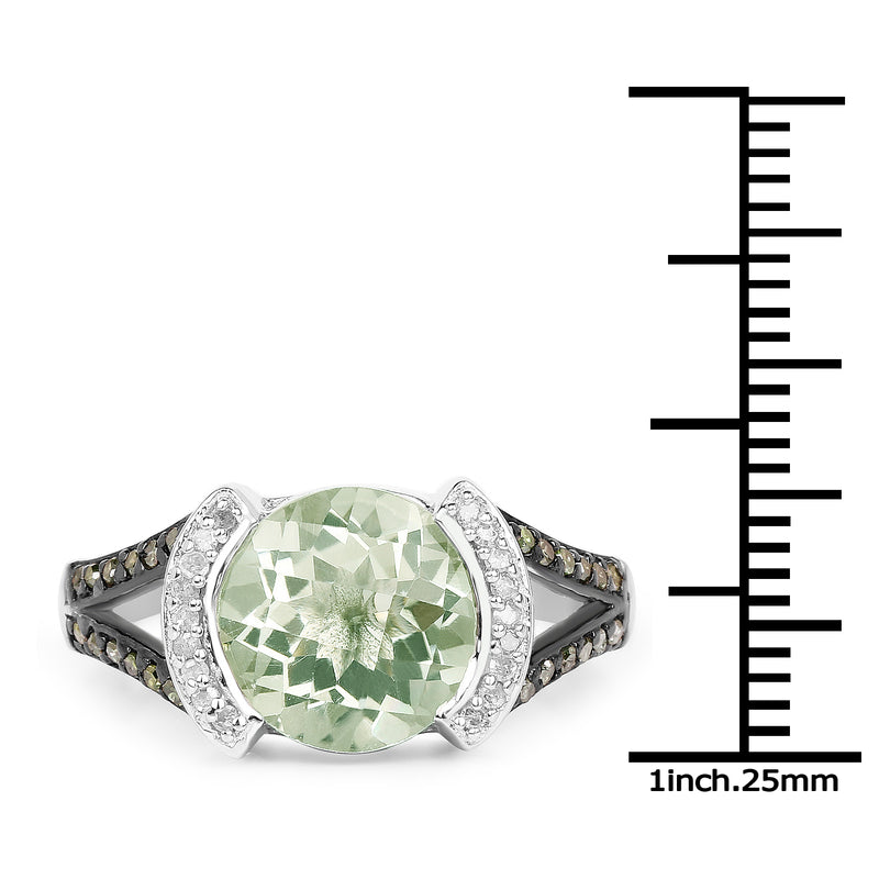 3.59 Carat Genuine Green Amethyst, Green Diamond & White Diamond .925 Sterling Silver Ring