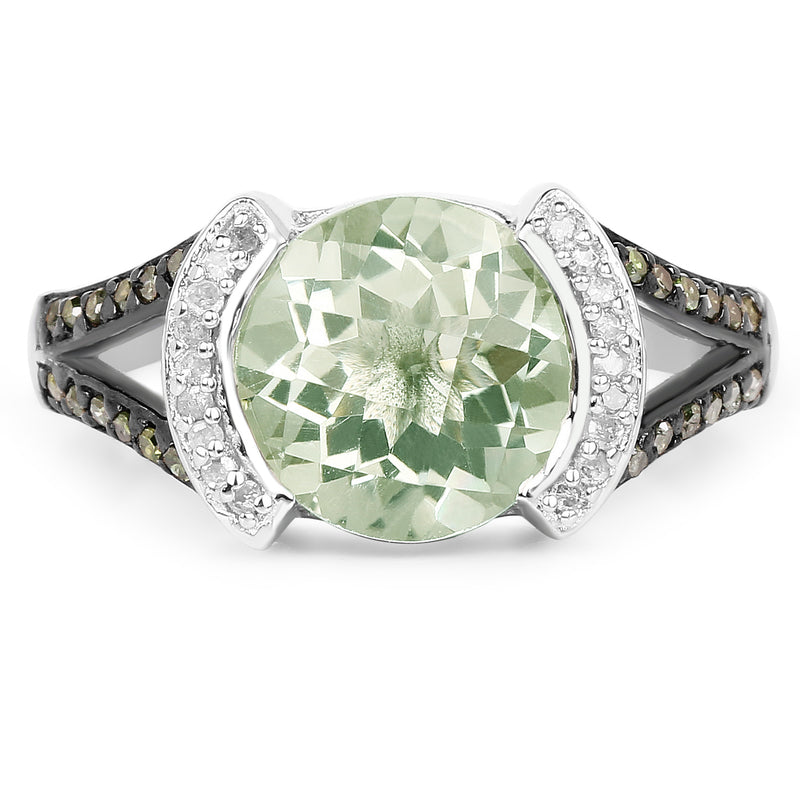 3.59 Carat Genuine Green Amethyst, Green Diamond & White Diamond .925 Sterling Silver Ring