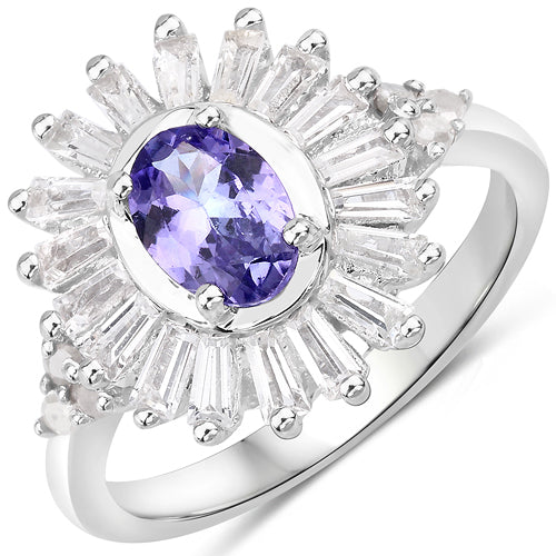 2.01 Carat Genuine Tanzanite and White Topaz .925 Sterling Silver Ring