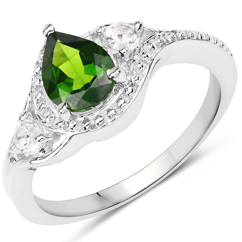 1.30 Carat Genuine Chrome Diopside and White Topaz .925 Sterling Silver Ring