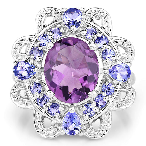 3.13 Carat Genuine Amethyst and Tanzanite .925 Sterling Silver Ring