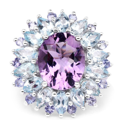"7.79 Carat Genuine Amethyst, Blue Topaz and Tanzanite .925 Sterling Silver Ring