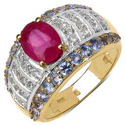 14K Yellow Gold Plated 3.02 Carat Genuine Ruby, Tanzanite & White Topaz .925 Sterling Silver Ring