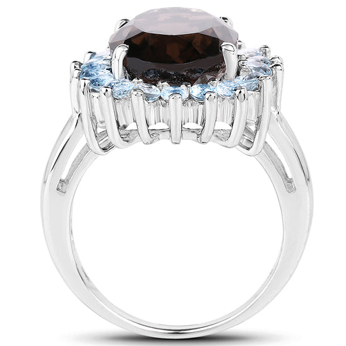 6.79 Carat Genuine Smoky Quartz & Blue Topaz .925 Sterling Silver Ring