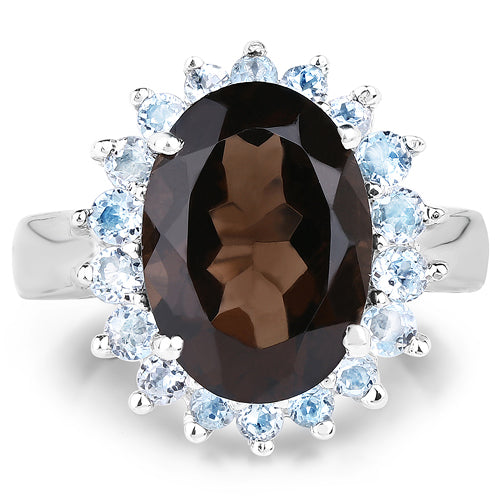 6.79 Carat Genuine Smoky Quartz & Blue Topaz .925 Sterling Silver Ring