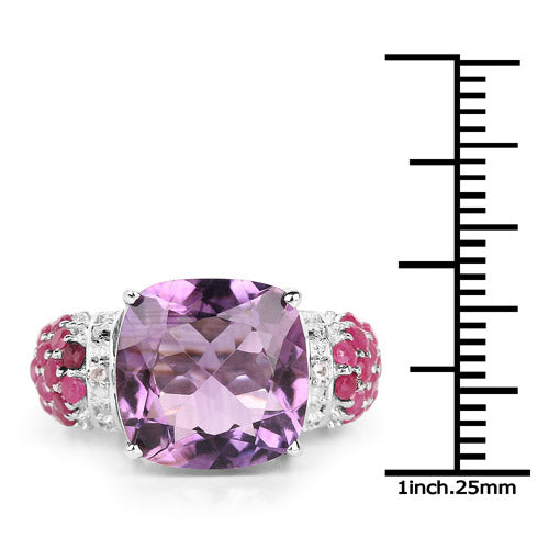6.55 Carat Genuine Amethyst, Ruby and White Topaz .925 Sterling Silver Ring