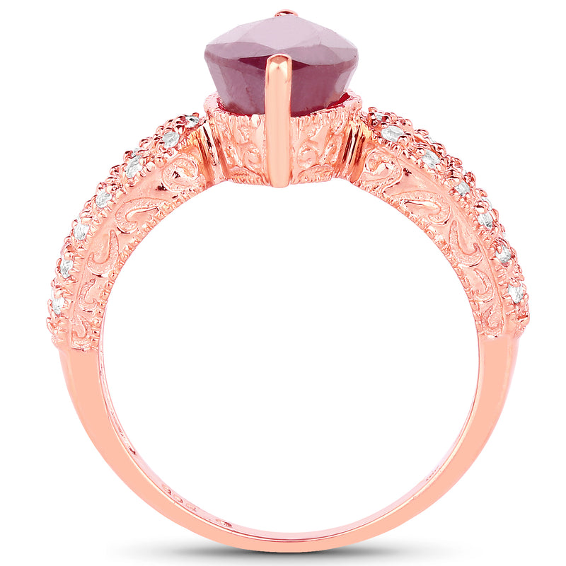 14K Rose Gold Plated 5.11 Carat Glass Filled Ruby and White Topaz .925 Sterling Silver Ring