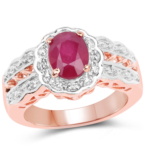 14K Rose Gold Plated 1.67 Carat Glass Filled Ruby and White Topaz .925 Sterling Silver Ring