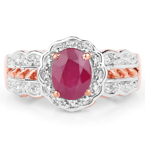14K Rose Gold Plated 1.67 Carat Glass Filled Ruby and White Topaz .925 Sterling Silver Ring