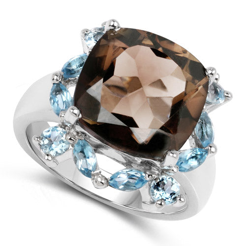 7.74 Carat Genuine Smoky Quartz and Blue Topaz .925 Sterling Silver Ring