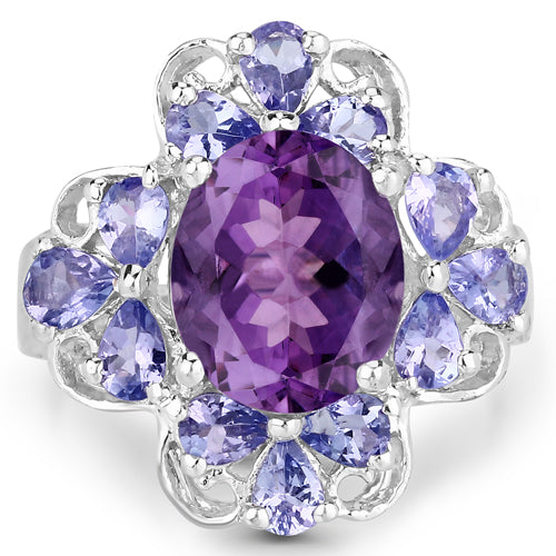 4.88 Carat Genuine Amethyst and Tanzanite .925 Sterling Silver Ring