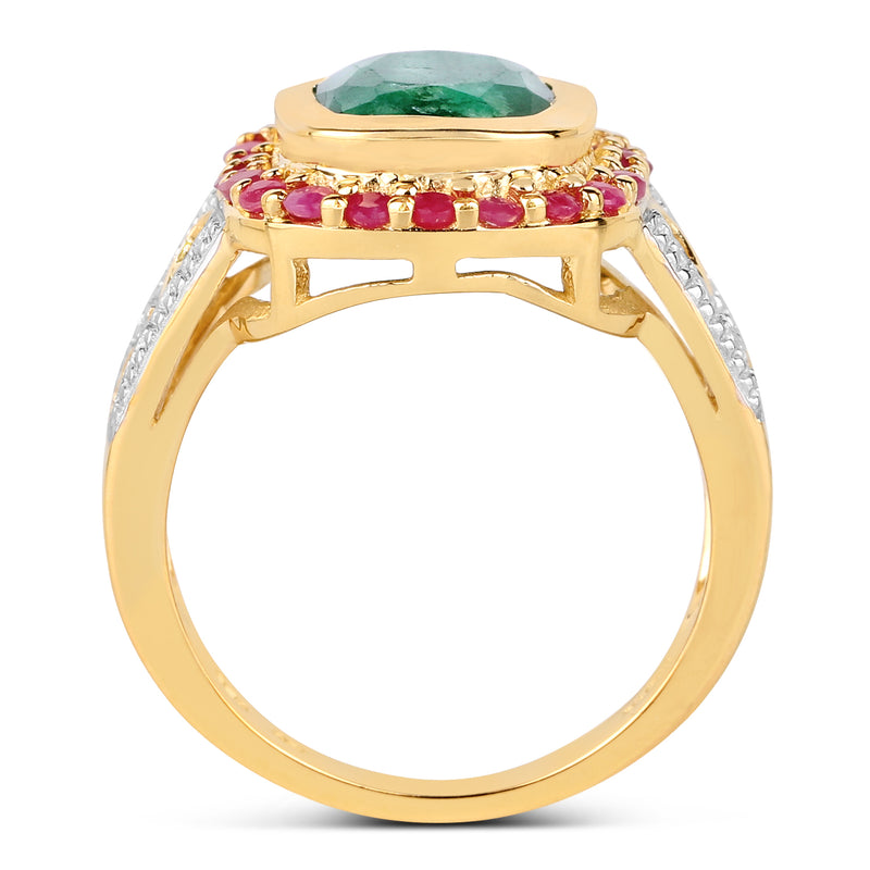 14K Yellow Gold Plated 4.80 ct. t.w. Dyed Emerald and Ruby Ring in Sterling Silver