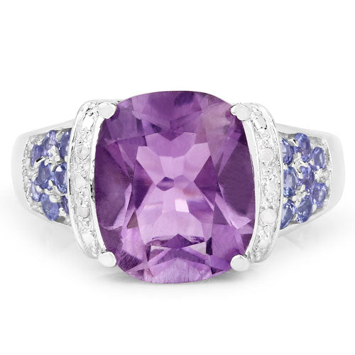 "4.66 Carat Genuine Amethyst, Tanzanite and White Diamond .925 Sterling Silver Ring