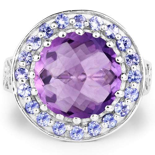 5.95 Carat Genuine Amethyst and Tanzanite .925 Sterling Silver Ring