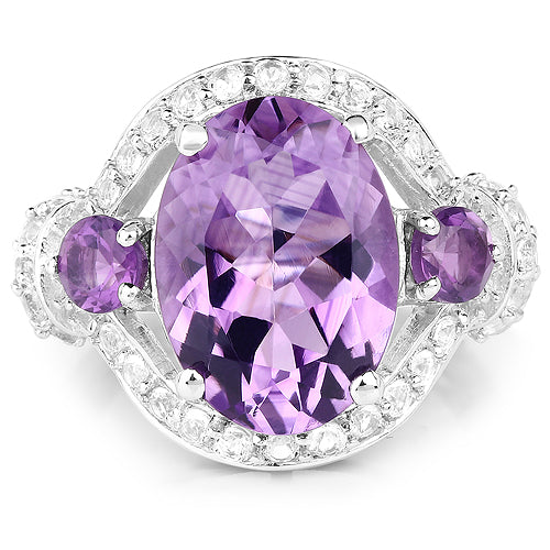 6.46 Carat Genuine Amethyst and White Topaz .925 Sterling Silver Ring