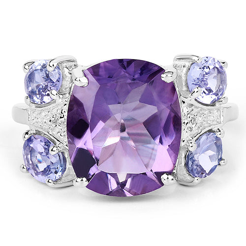 5.53 Carat Genuine Amethyst, Tanzanite & White Topaz .925 Sterling Silver Ring