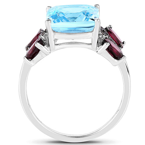 6.39 Carat Genuine Blue Topaz, Rhodolite & White Topaz .925 Sterling Silver Ring