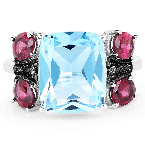 6.39 Carat Genuine Blue Topaz, Rhodolite & White Topaz .925 Sterling Silver Ring