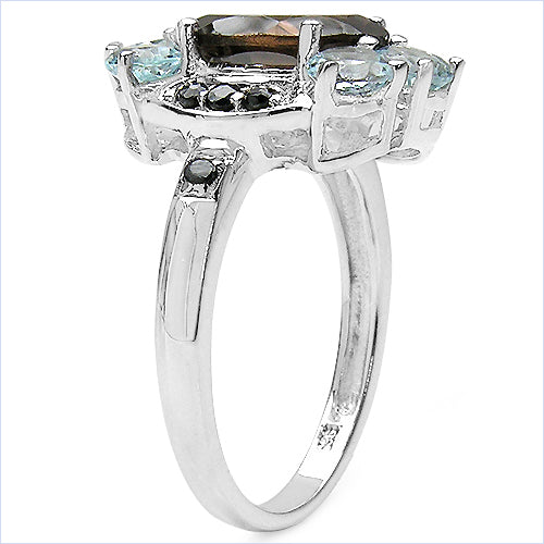 4.88 Carat Genuine Smoky Quartz , Blue Topaz & Black Sapphire .925 Sterling Silver Ring