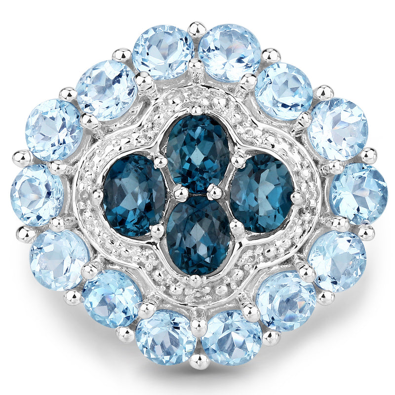 6.54 Carat Genuine London Blue Topaz, Blue Topaz and White Topaz .925 Sterling Silver Ring