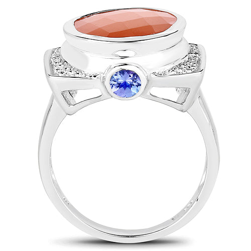 5.99 Carat Genuine Peach Moonstone, Tanzanite and White Topaz .925 Sterling Silver Ring