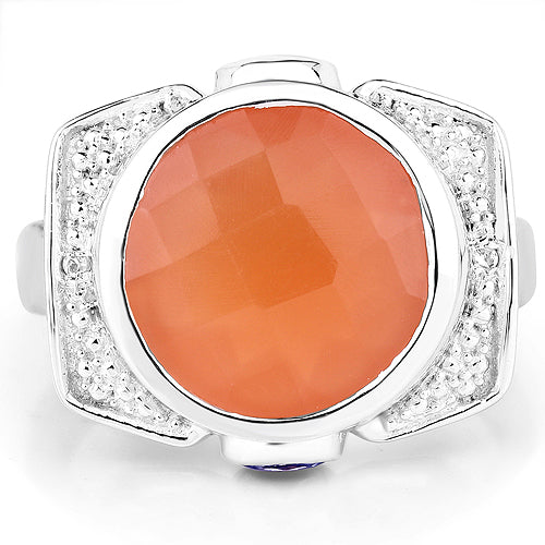 5.99 Carat Genuine Peach Moonstone, Tanzanite and White Topaz .925 Sterling Silver Ring