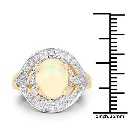 14K Yellow Gold Plated 1.88 Carat Genuine Ethiopian Opal and White Topaz .925 Sterling Silver Ring