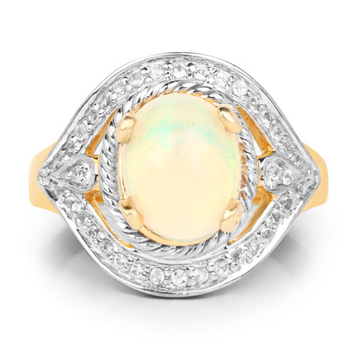 14K Yellow Gold Plated 1.88 Carat Genuine Ethiopian Opal and White Topaz .925 Sterling Silver Ring