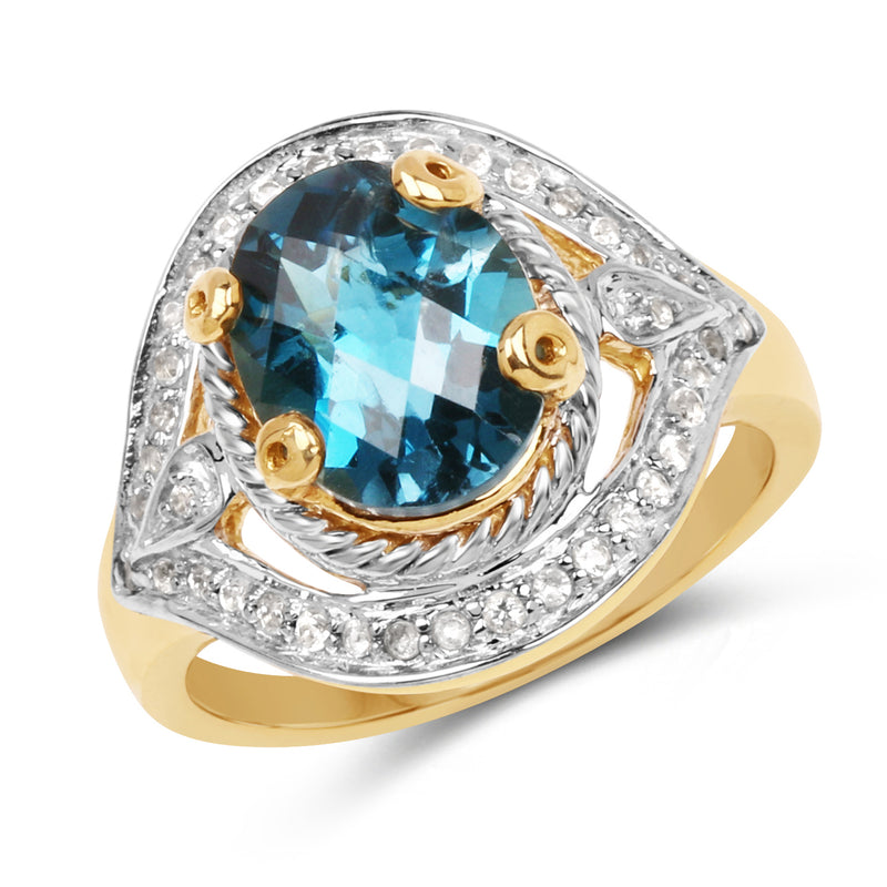 14K Yellow Gold Plated 3.40 Carat Genuine Blue Topaz and White Topaz .925 Sterling Silver Ring