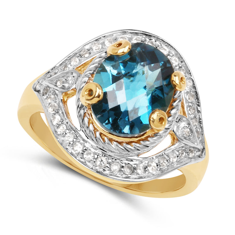 14K Yellow Gold Plated 3.40 Carat Genuine Blue Topaz and White Topaz .925 Sterling Silver Ring