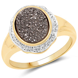 14K Yellow Gold Plated 4.50 Carat Genuine Drusy Quartz .925 Sterling Silver Ring