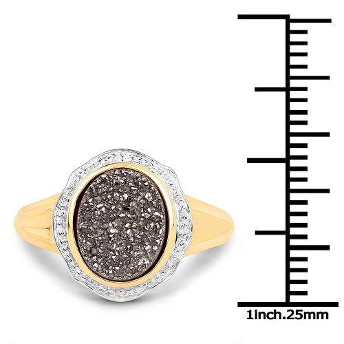 14K Yellow Gold Plated 4.50 Carat Genuine Drusy Quartz .925 Sterling Silver Ring