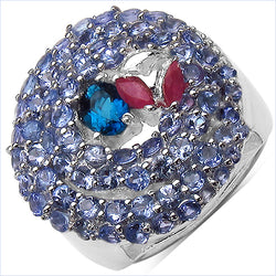 3.31 Carat Genuine London Blue Topaz , Ruby & Tanzanite .925 Sterling Silver Ring