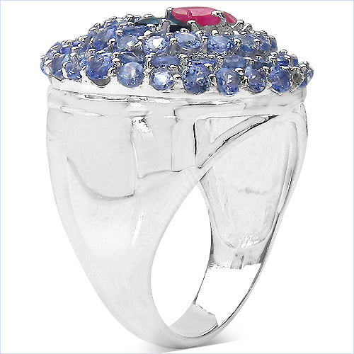 3.31 Carat Genuine London Blue Topaz , Ruby & Tanzanite .925 Sterling Silver Ring