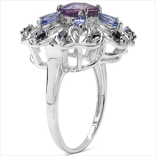 1.77 Carat Genuine Amethyst , Tanzanite & Black Spinel .925 Sterling Silver Ring