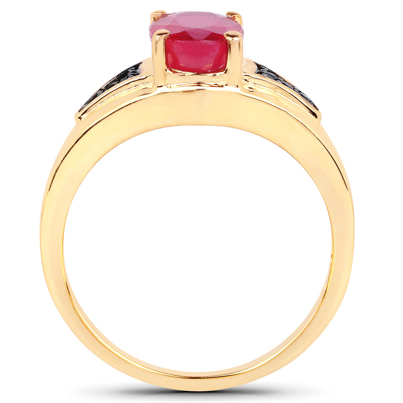 14K Yellow Gold Plated 1.66 Carat Glass Filled Ruby and Black Spinel .925 Sterling Silver Ring