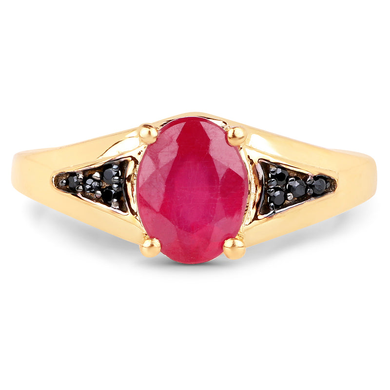 14K Yellow Gold Plated 1.66 Carat Glass Filled Ruby and Black Spinel .925 Sterling Silver Ring