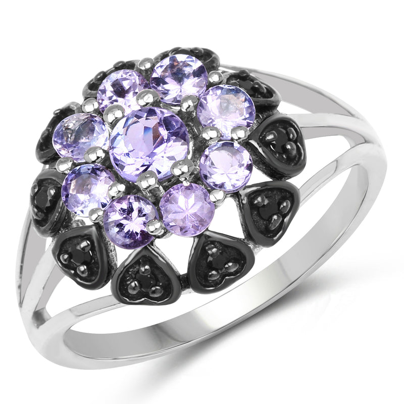 1.18 Carat Genuine Tanzanite and Black Spinel .925 Sterling Silver Ring