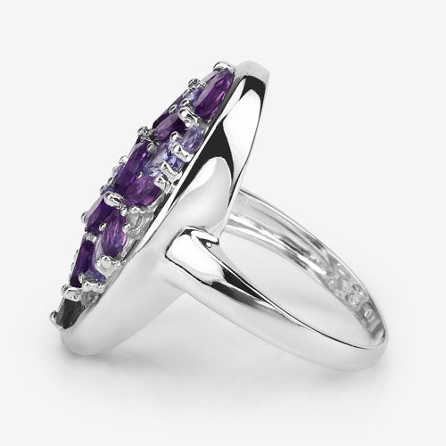 3.13 Carat Genuine Amethyst, Tanzanite and White Topaz .925 Sterling Silver Ring