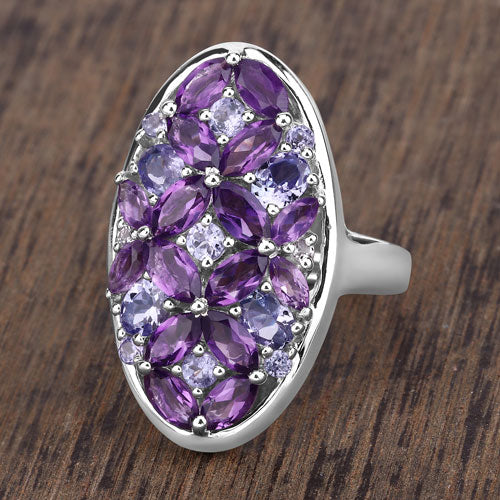 3.13 Carat Genuine Amethyst, Tanzanite and White Topaz .925 Sterling Silver Ring