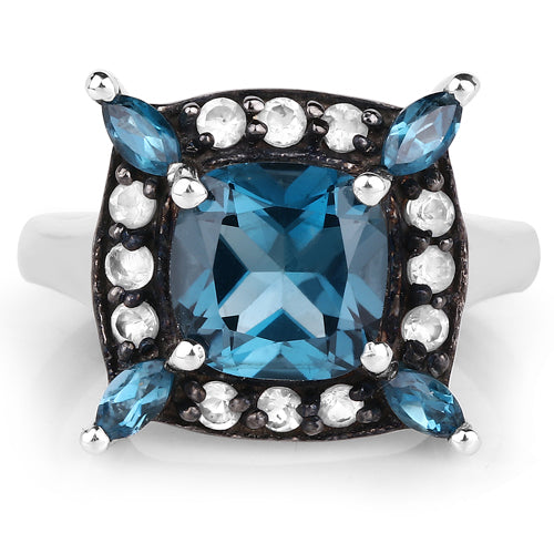 3.24 Carat Genuine London Blue Topaz and White Topaz .925 Sterling Silver Ring