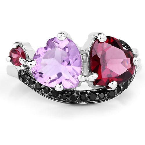 4.07 Carat Genuine Amethyst, Rhodolite & Black Spinel .925 Sterling Silver Ring