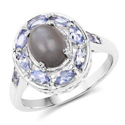 2.35 Carat Genuine Grey Moonstone and Tanzanite .925 Sterling Silver Ring