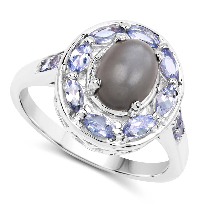 2.35 Carat Genuine Grey Moonstone and Tanzanite .925 Sterling Silver Ring