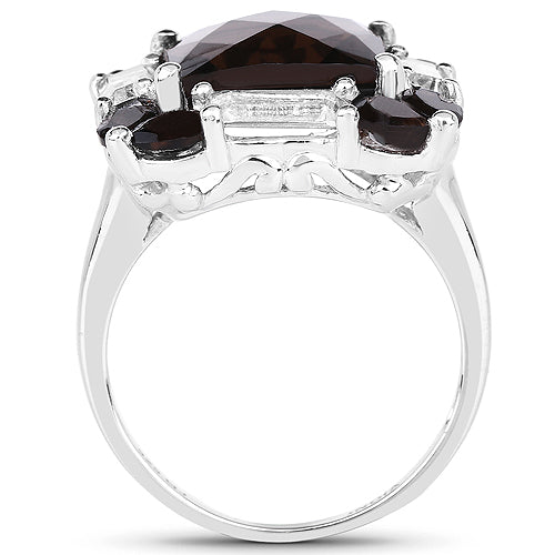 7.43 Carat Genuine Smoky Quartz & White Topaz .925 Sterling Silver Ring