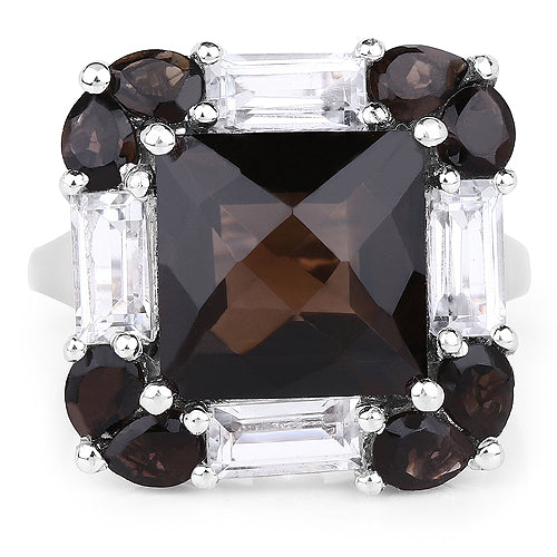 7.43 Carat Genuine Smoky Quartz & White Topaz .925 Sterling Silver Ring