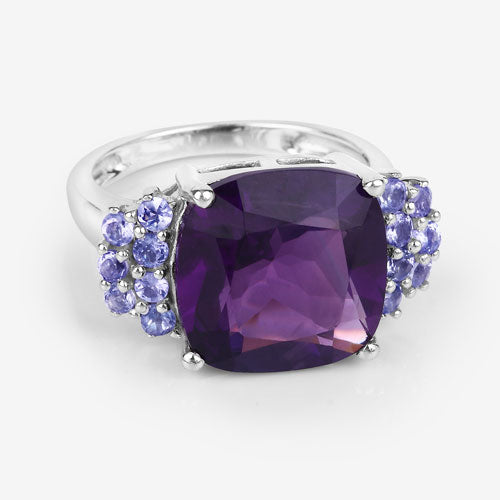 6.34 Carat Genuine Amethyst and Tanzanite .925 Sterling Silver Ring