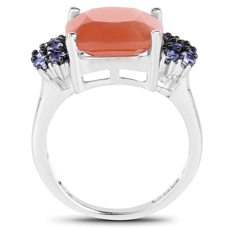 6.18 Carat Genuine Peach Moonstone and Tanzanite .925 Sterling Silver Ring