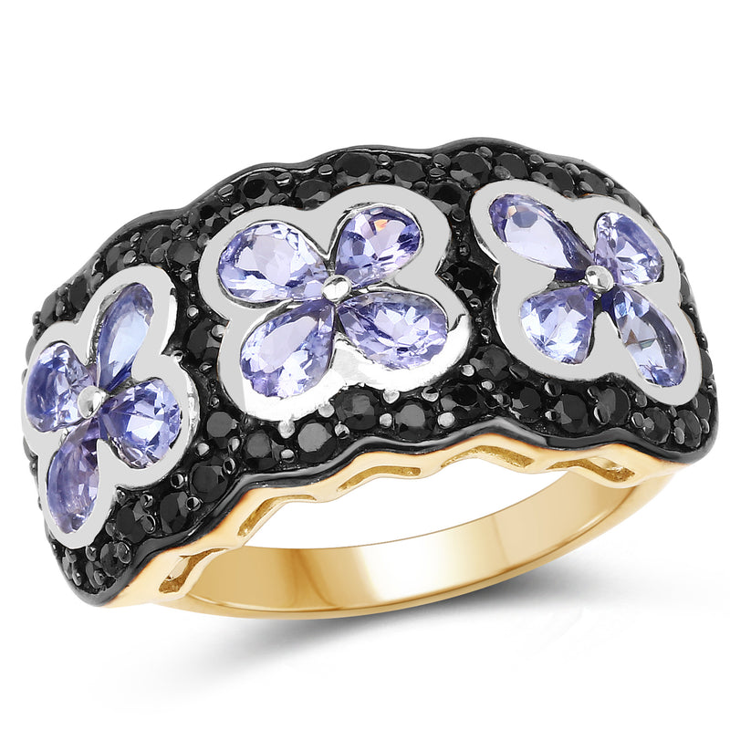 14K Yellow Gold Plated 2.60 Carat Genuine Tanzanite and Black Spinel .925 Sterling Silver Ring